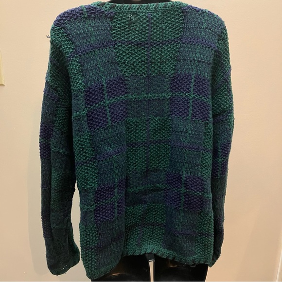 Kenji vintage green and blue button down hand-knitted cardigan sweater, L - Picture 11 of 11